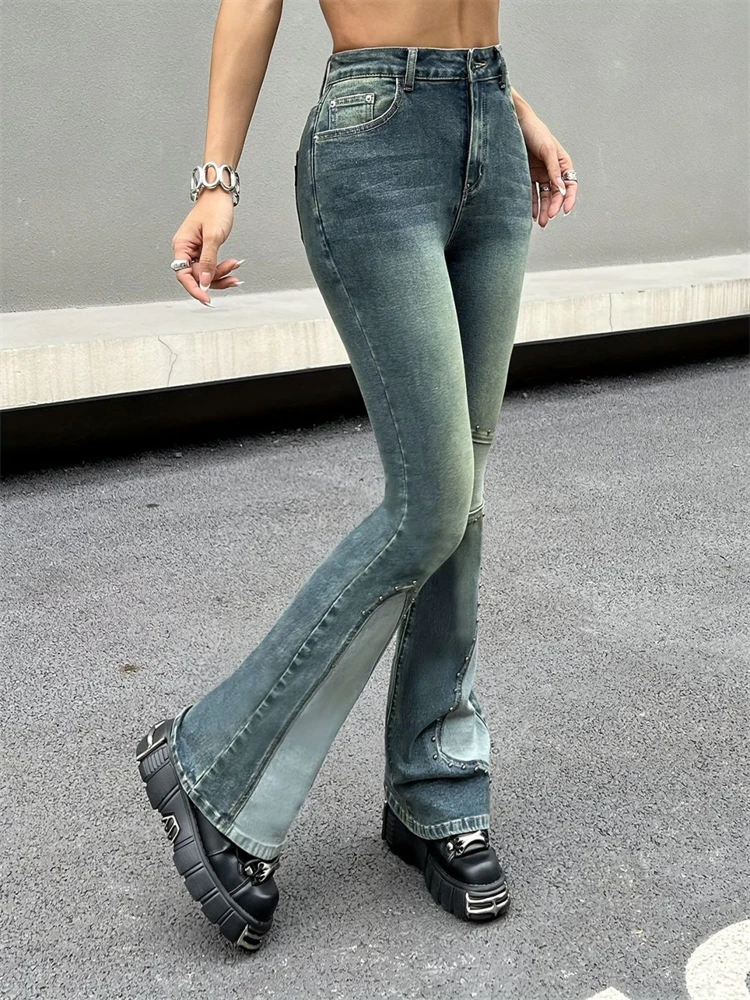 

Women's Splicing Rivet Design Elastic Horn Jeans Personalized Trousers Cool Girl Casual Bottoms Female Street Skinny Denim Pants