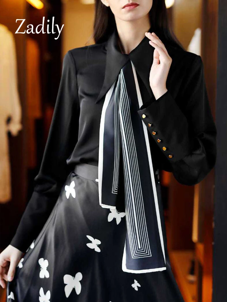 Zadily 2024 Spring Office Lady Long Sleeve Women Basic Black Dress Shirt Korea Style Tie Satin Button Up Work Blouse Clothing