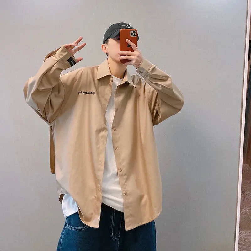 

Рубашка с буквенным принтом Мужская Новая Однотонная рубашка свободная повседневная универсальная куртка с длинным рукавом