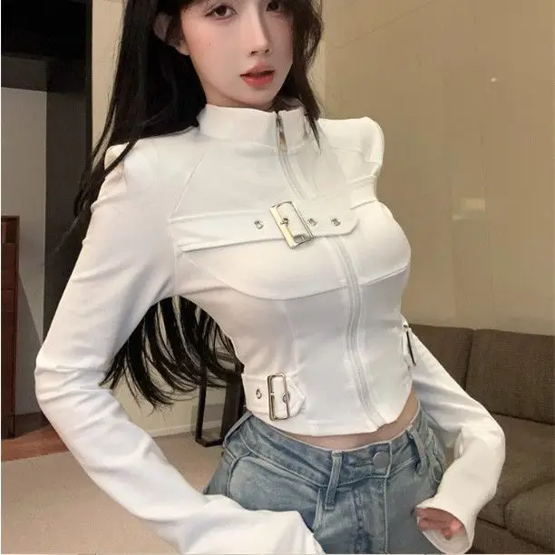 Women American Retro Black Stand Collar Snap Button Crop Top, Slim Fit Casual