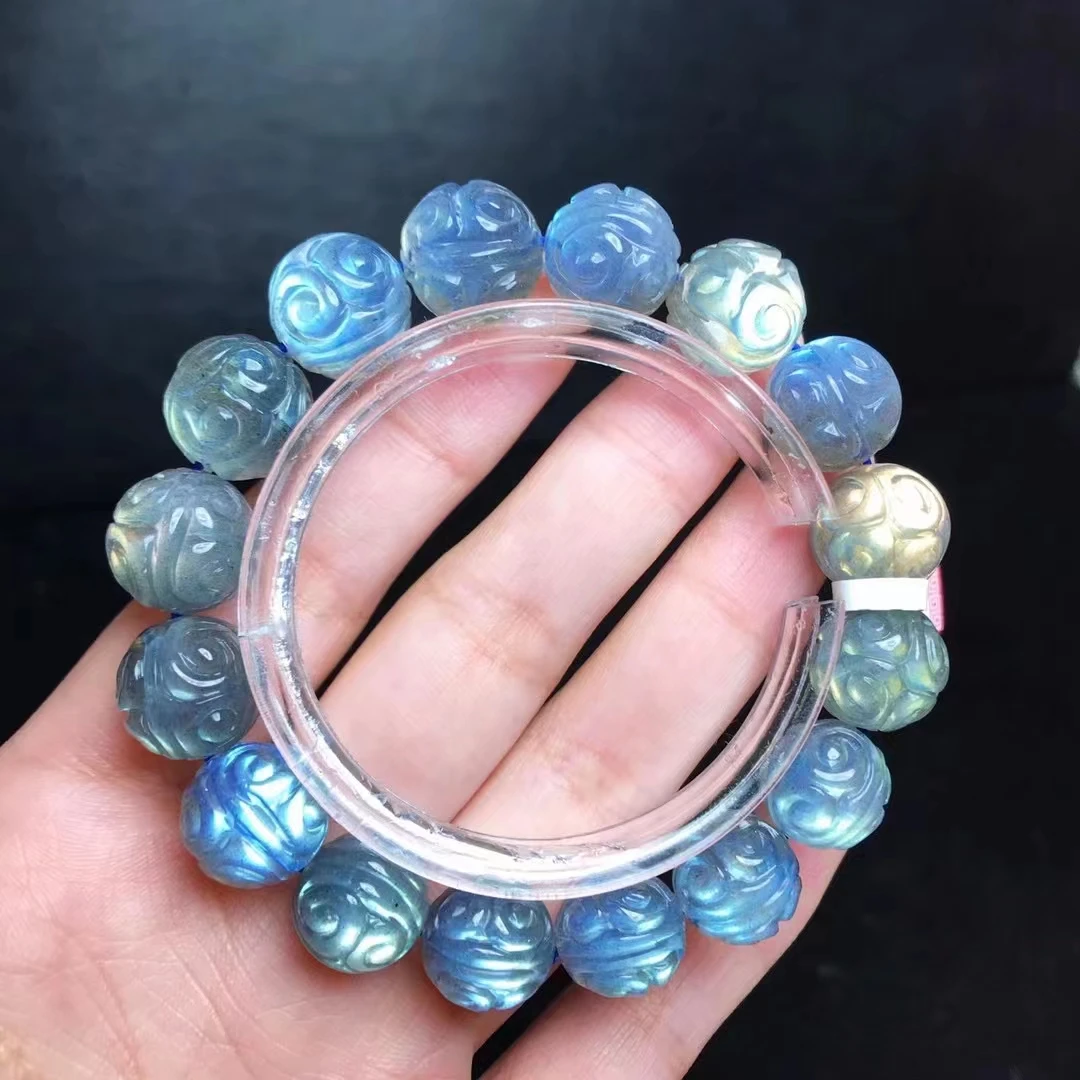 

Natural Blue Light Labradorite Carved Beads Bracelet 13mm Clear Beads Crystal Women Rainbow Labradorite Stone AAAAA