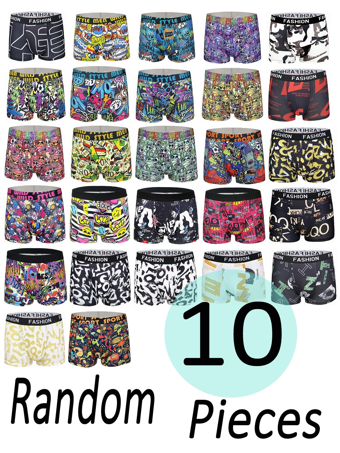 Men's 10-Pack Polyester Boxer Briefs - Random Graffiti & Pop Art Pattern Assortment, 