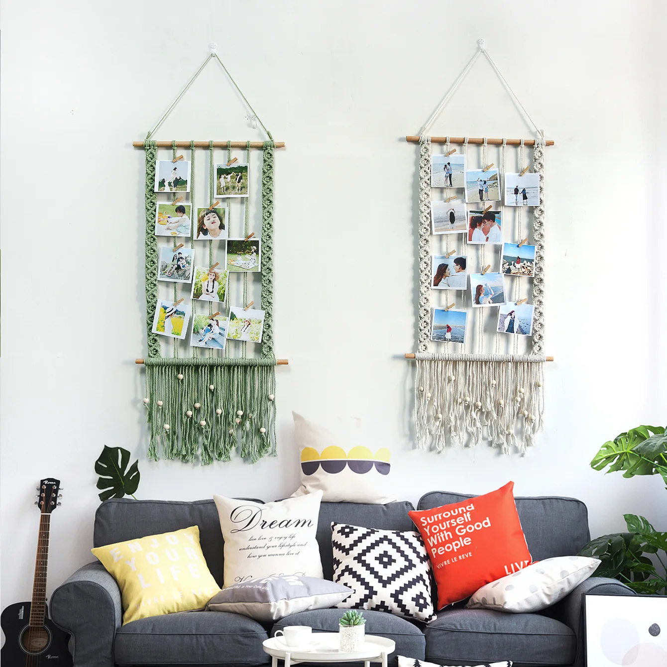 Multi‑function Macrame Photo Hanger Tassel Wooden Rod Picture Clip Wall Art for Bedroom Gallery Memory Wall Decor