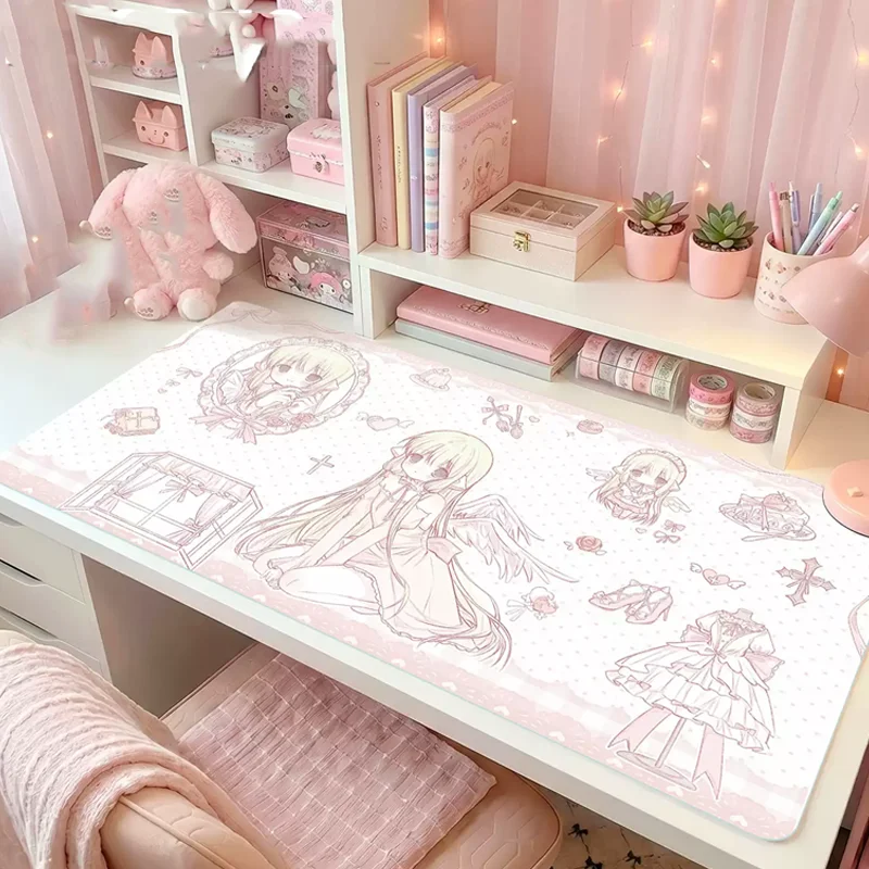 Kawaii Sweet Art Design Anime Girl Aesthetics XXL PU Leather Mouse Pad E-sports Game Keyboard OfficeStudent Desktop Decoration