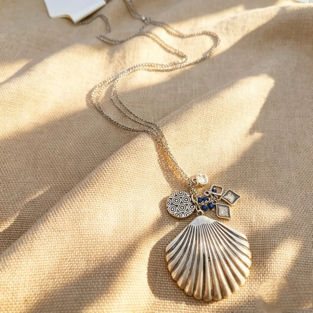 Vintage Distressed Alloy Shell Multi Pendant Long Necklace Boho Nordic French Sweater Chain Women Jewelry for Beach Vacation