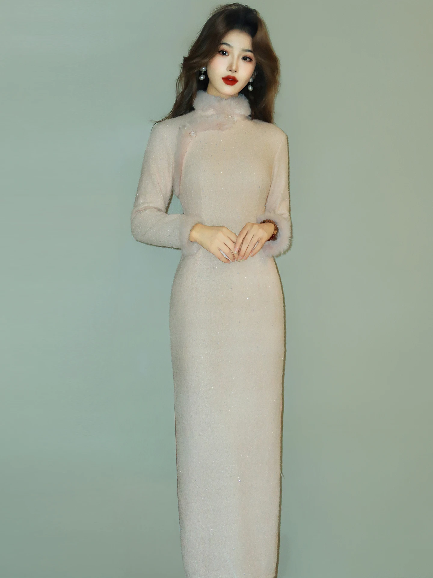 

Pink Winter Vintage Women's New 2026 High End Ele Classy Dr Mink Fur Ultra Soft Long Sve High Slit