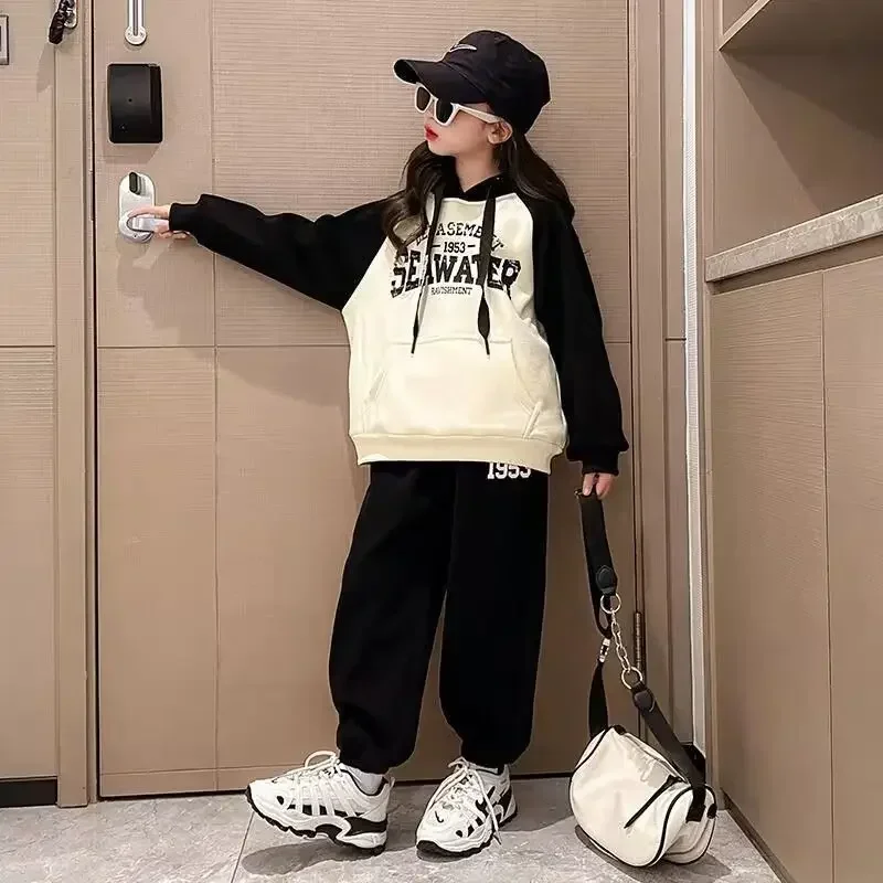 

Spring and Autumn Fashion Kids Girl Set Letter Loose Large Pocket Hoodies+Pants 2Pcs School Loungewear Tracksuit 5-16 Years