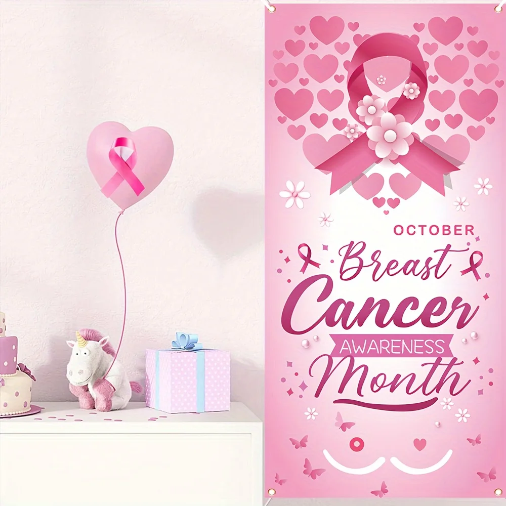 1 pièce Bannière murale en polyester pour la Sensibilisation au Cancer du Sein, avec ruban rose, cœur et fleurs, pour la fête de charité d'octobre