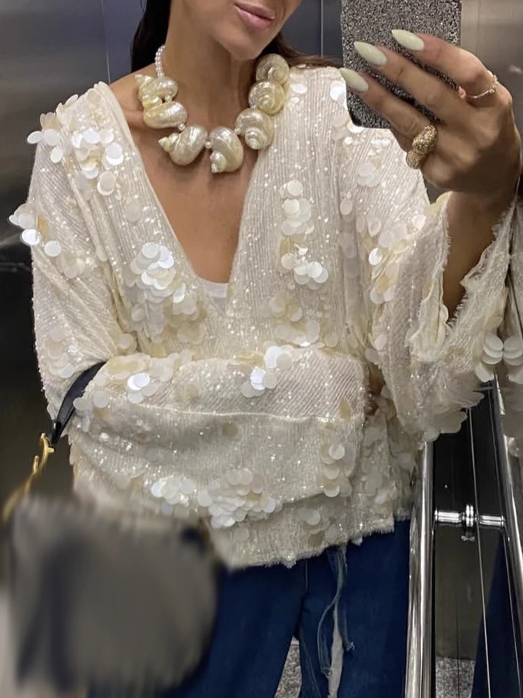 

Белые блестящие блестки, свободные вечерние блузки, осенняя новая мода, банкетный повседневный топ с длинными рукавами, 2025 г., женский сексуальный кардиган на шнуровке с v-образным вырезом