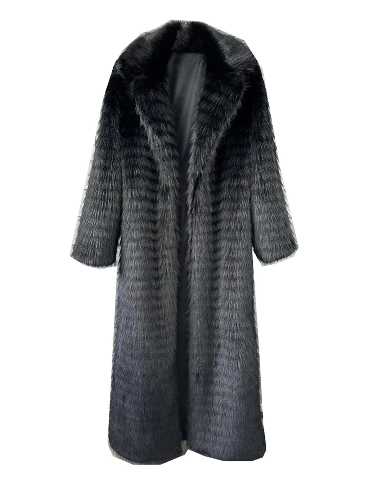 [EAM] Black Long Elegant Big Size Faux Fur Jacket New Lapel Long Sleeve Women Coat Fashion Tide Autumn Winter 2026 1DJ8886