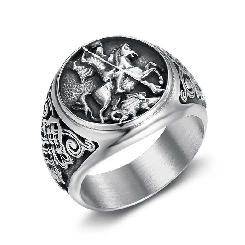 Megin D acciaio inossidabile titanio Hip Hop Punk Knight Saint George e the Dragon Band Rings for Men Women Gift Fashion Jewelry