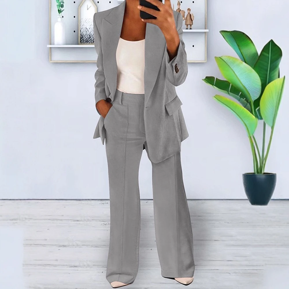 سترة نسائية كاجوال للأعمال 2025 باللون الرمادي الفاتح مفتوحة من الأمام مع بنطلون عالي الخصر للارتداء اليومي المصقول