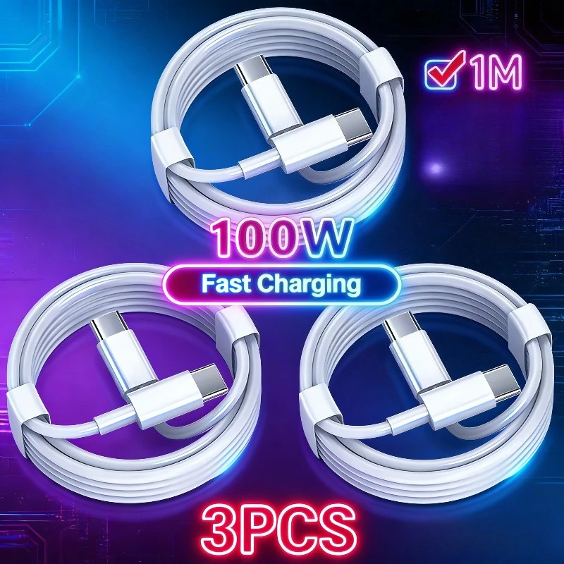 

3 шт. кабеля USB-C на USB Type-C с быстрой зарядкой PD 100W для iPhone 15, 15 Pro, Huawei, Samsung, Xiaomi, белый, 1 м