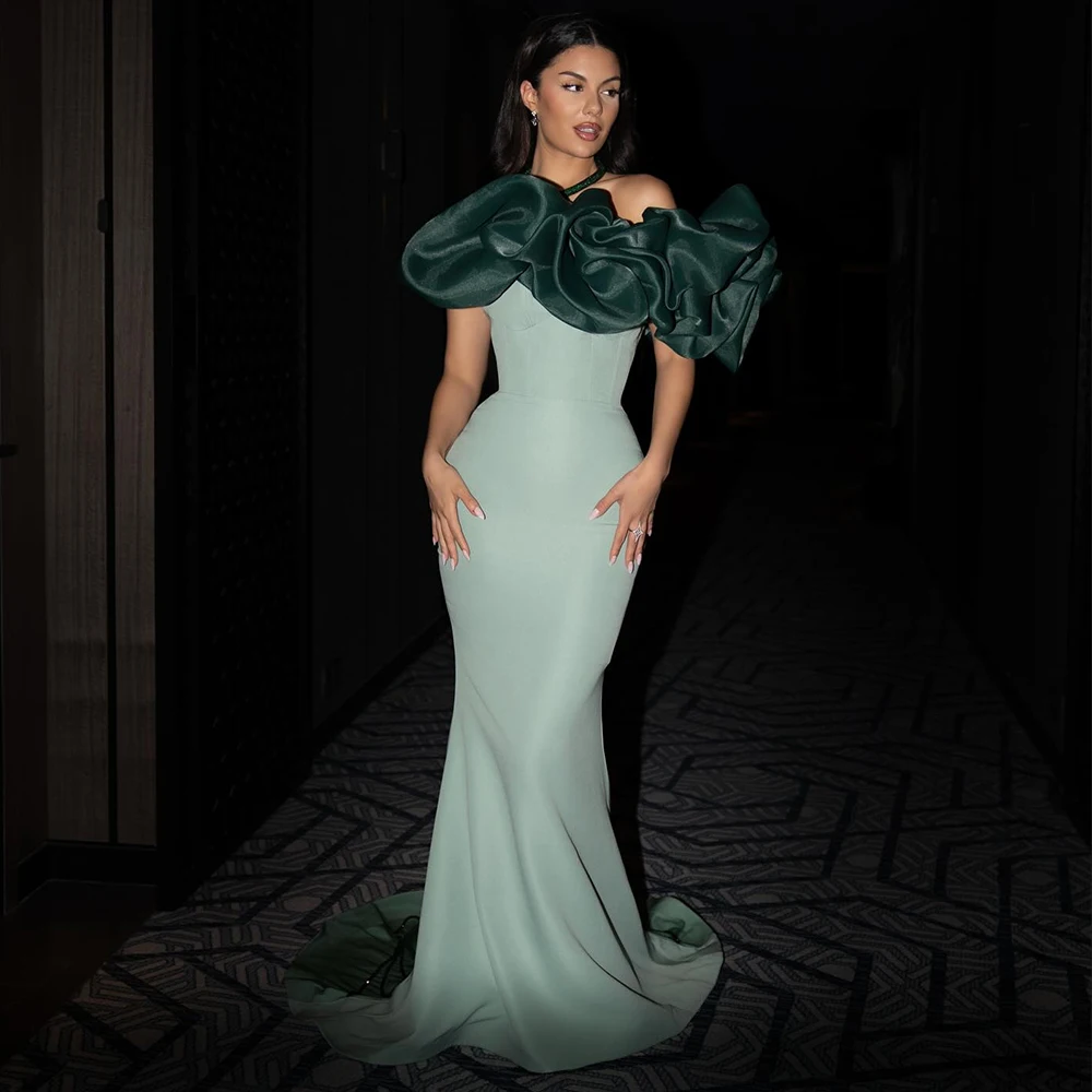 Formelle Kleider für besondere Anlässe, Jersey-Meerjungfrau/Trompete, Promi-Kleid, grün, schulterfrei, Perlen, gerüscht, Damen-Abendkleid