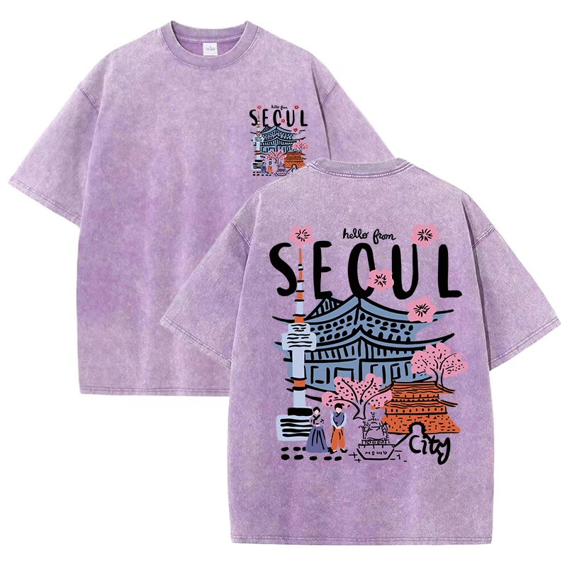 Seoul Beautiful Scenery Printed Washed T Shirt Female Summer Crewneck Clothes Trendy Cotton Short Sleeve Casual New T-Shirts