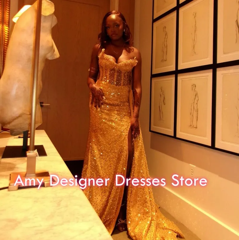 ชุดราตรีงานพรอมสุดหรู ประดับเลื่อมคริสตัล ปี 2026 สำหรับสาวผิวสี ทรงเมอร์เมด คอวี ผ่าข้าง งานปาร์ตี้  สามารถสั่งตัดได้