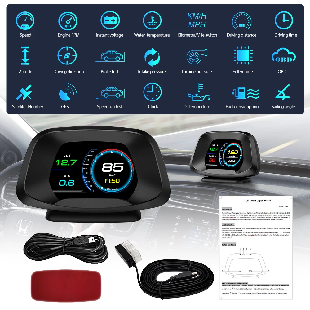 4Inch OBD2+GPS P19 Car HUD  Auto Speedometer Turbo Boost Pressure Meter etc. Fit for All Vehicles Multi-alarm Head up Display
