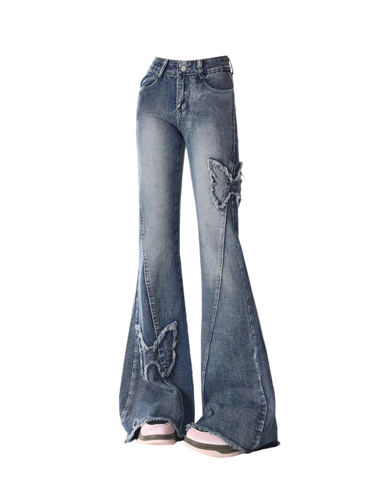 

American Retro Butterfly Patch Flared Jeans High Waist Slim Fit Denim Pants Spring Autumn Casual Jean Trousers