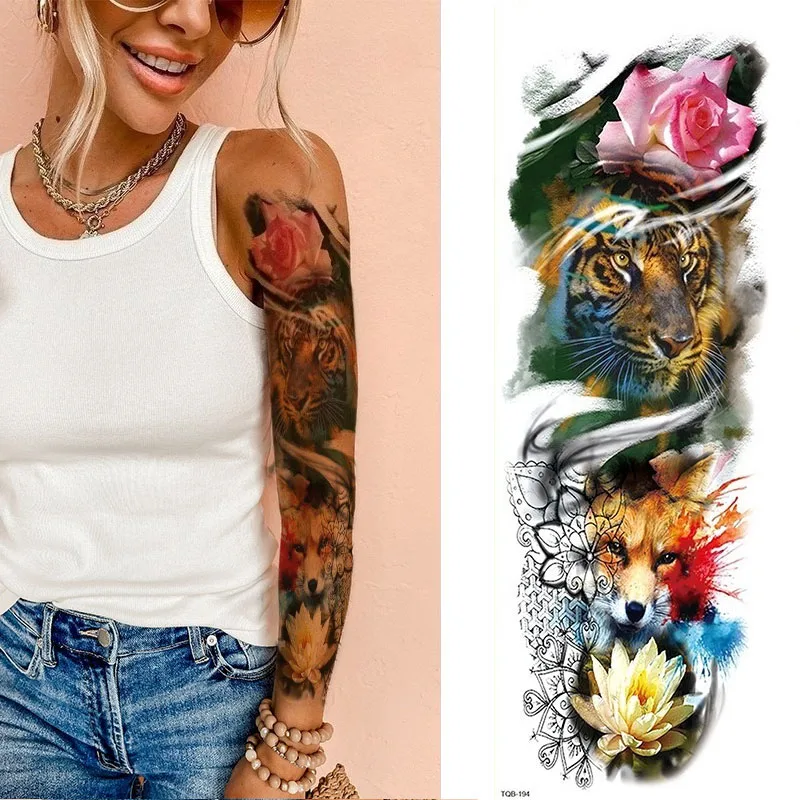 Full  Arm Temporary Tattoos Sticker Waterproof  Colourful Skull Wolf Tribal Design Non-Toxic body Art for Women Rave Festival
