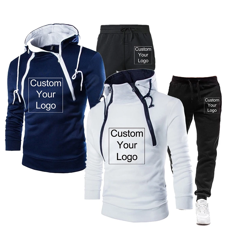 

New Autumn Hot Custom Logo Fashion Men Suit Hooded Stitching Cardigan Jackets Long Pants Set Trendy 3Color Two-Piece Set