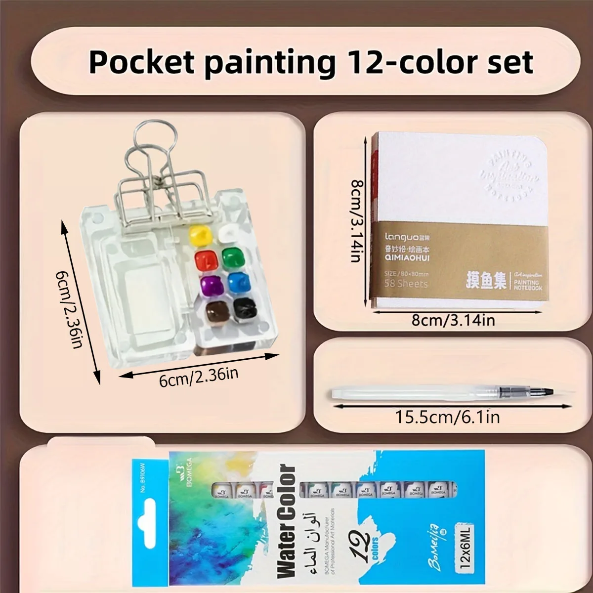 Mini-Aquarellfarben-Set aus klarem Acryl – 8-fach Palette mit 12 Farben, 6 Pinseln, Clips und Aquarellpapier-Notizbuch – Detail 2