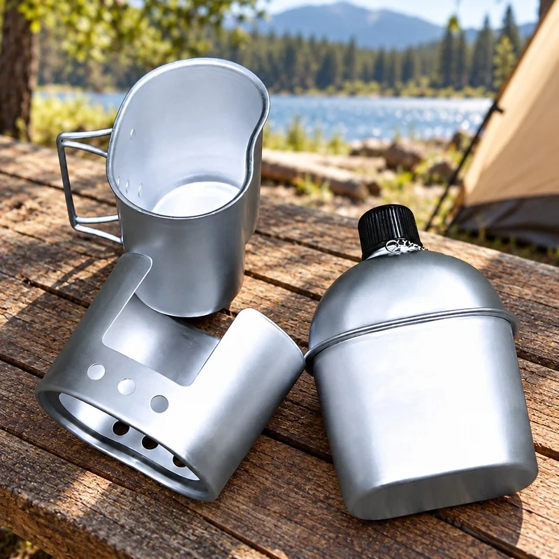 Durable Green Canvas Covered Military Aluminum Canteen Trio with Bottle and Handle Cup