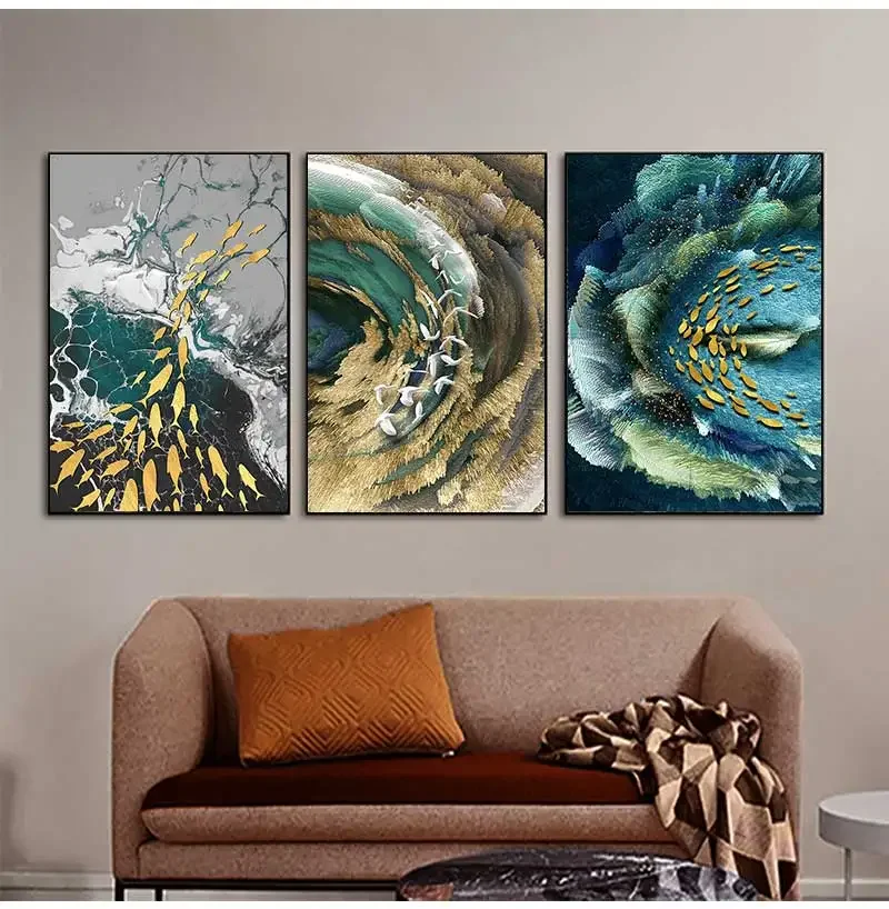 Picture for Living Room 3D Effect Tableaux Abstract Golden Feather Canvas Painting Big Blue Green Print Luxury Wall Art