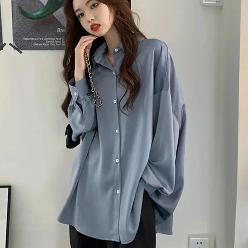 Blue shirts women casual retro loose long sleeve thin tops Korean all match fashion office ladies preppy style solid blouse