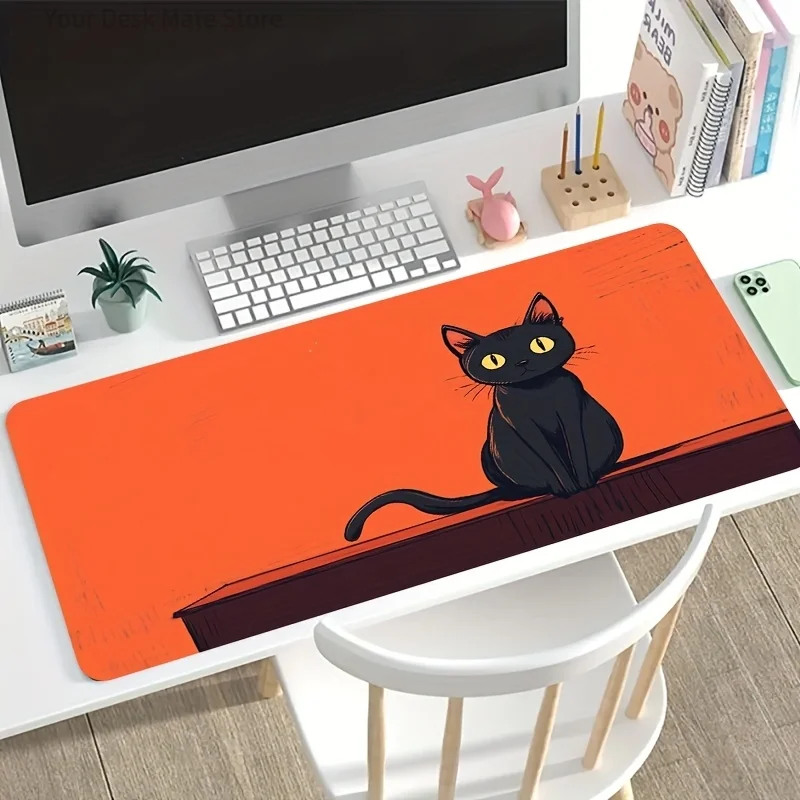 Eclectic Graphic Large Desk Mat Black Cat Dinosaur Skeleton Cherry Blossom Print Mouse Pad Anti‑Slip Rubber Base Keyboard Mat