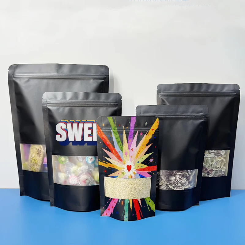 Customized Printed Black Kraft Paper Window Standing Zipper Bag For Candy, Seasoning, Parts, Gift Packaging Bags