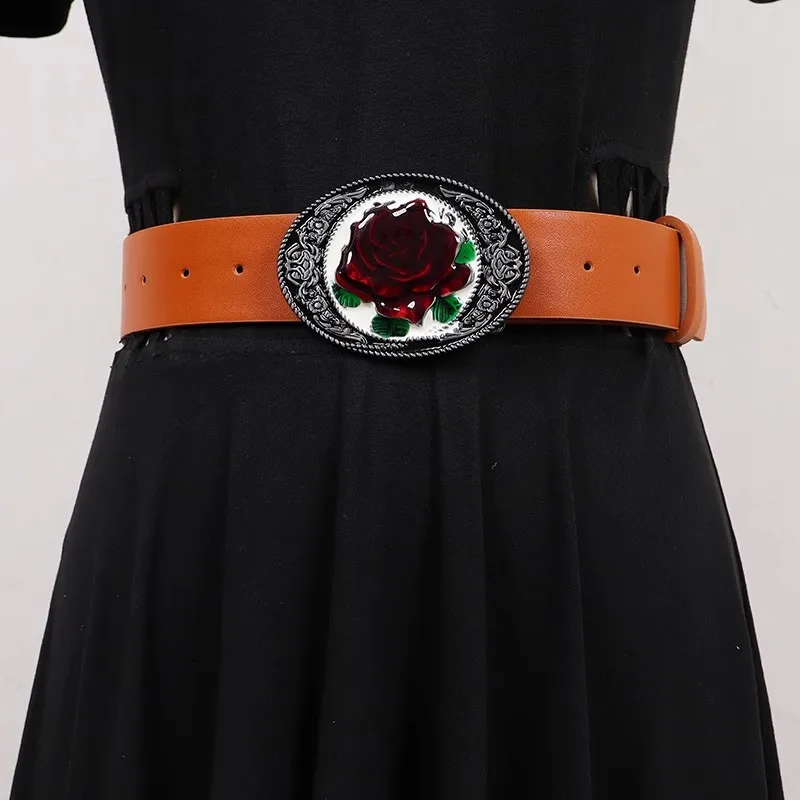 

Women's Runway Fashion Flower Buckle PU Leather Cummerbunds Female Dress Corsets Waistband Belts Decoration Wide Belt R1356