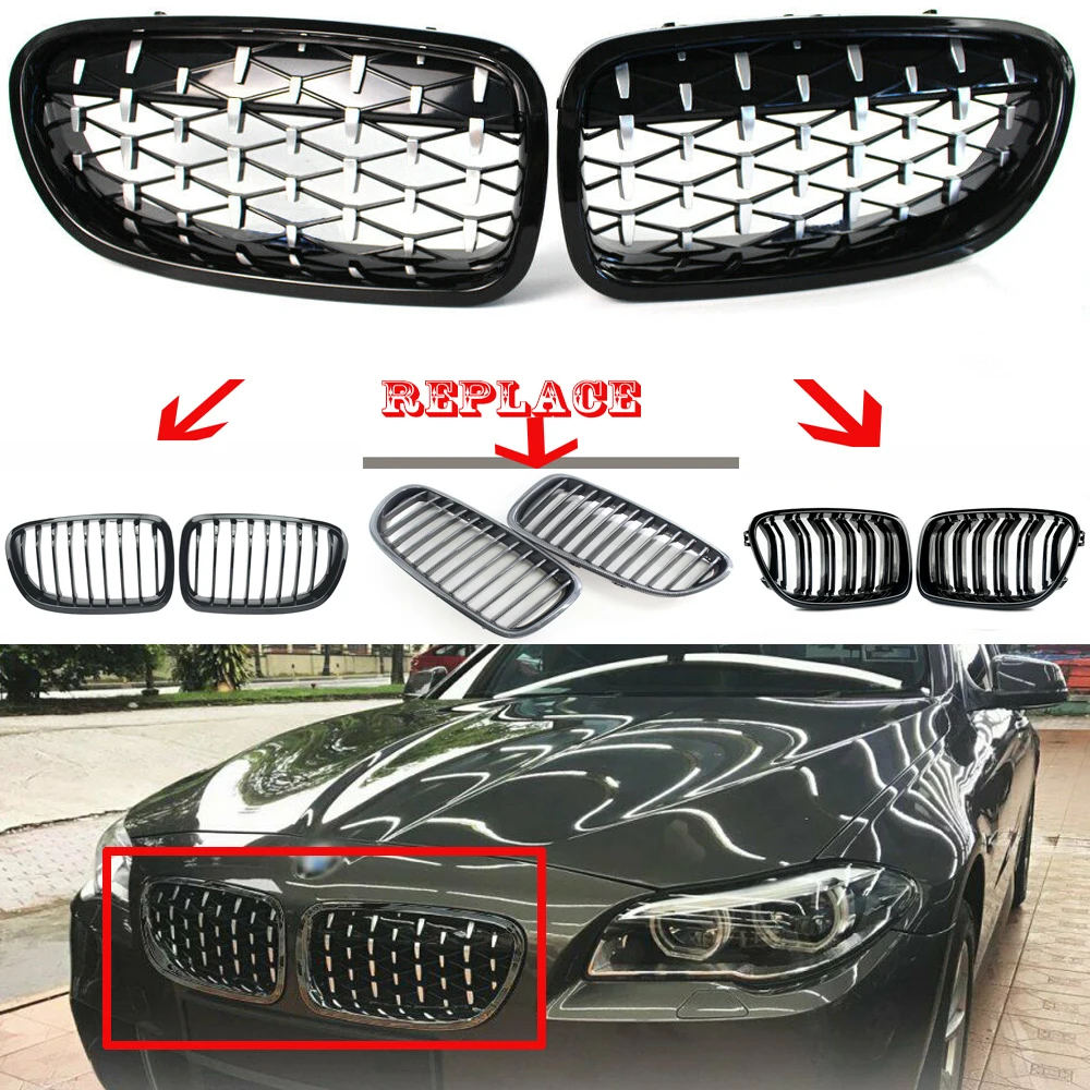 1 Pair Fit 10-16 BMW 5 Series F10 Base Sedan F11 Wagon M5 Modified Upgraded Diamond Grill Grille Front Kidney Stripe Glossy