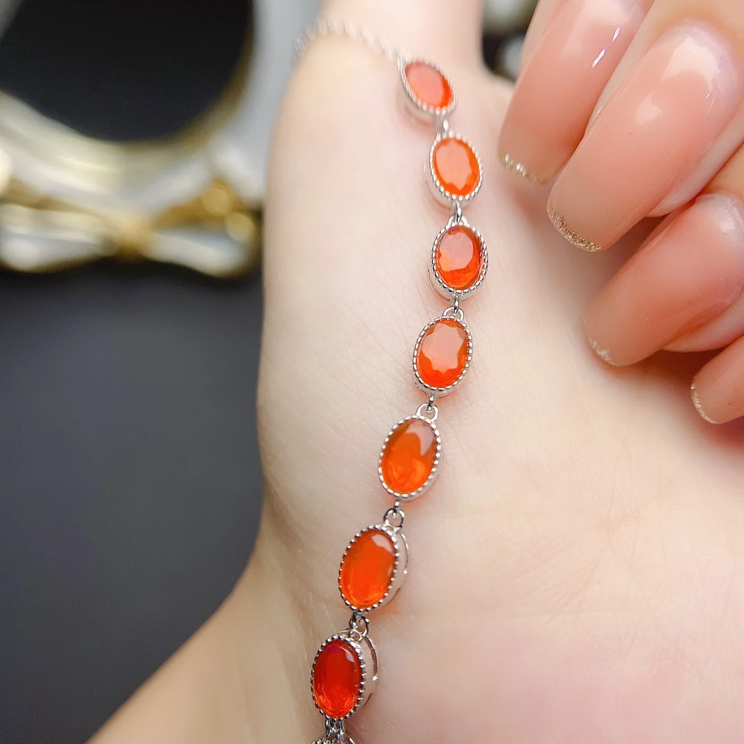 Oval 4x6mm Mexican Rare Natural Orange Fire Opal Bracelet Sterling Silver Earth Mined Opal Gemstone