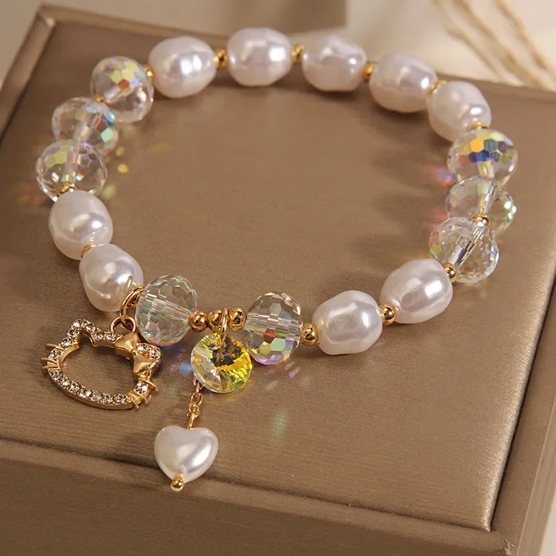 Pulsera de cristal de perlas pequeñas frescas para mujer, colgante de cara sonriente Simple, brazalete elástico ajustable, joyería de fiesta