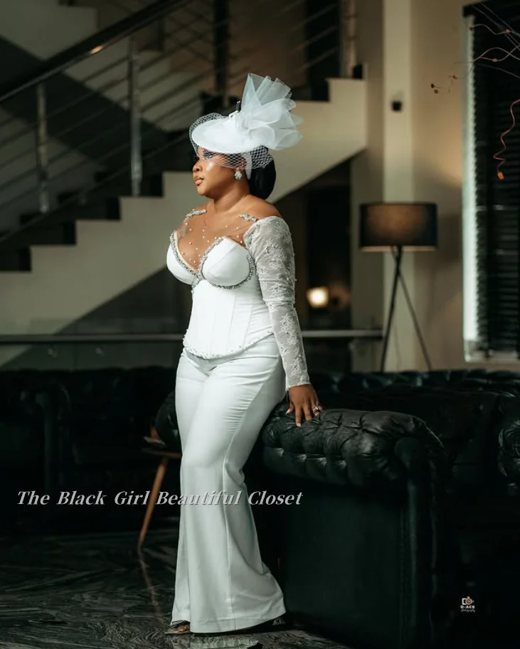 Customized Round Neck Tulle Round Neck Wedding Party Dress Mom Dress Lace Long Sleeve Splicing Short Hem Straight Trouser Suit