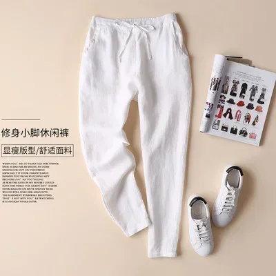 2025 Spring Cotton Linen Women's Pants Harem Drawstring Slim Black Pencil Pants Feamle Fashion Casual Japan Style Ladies Bottoms