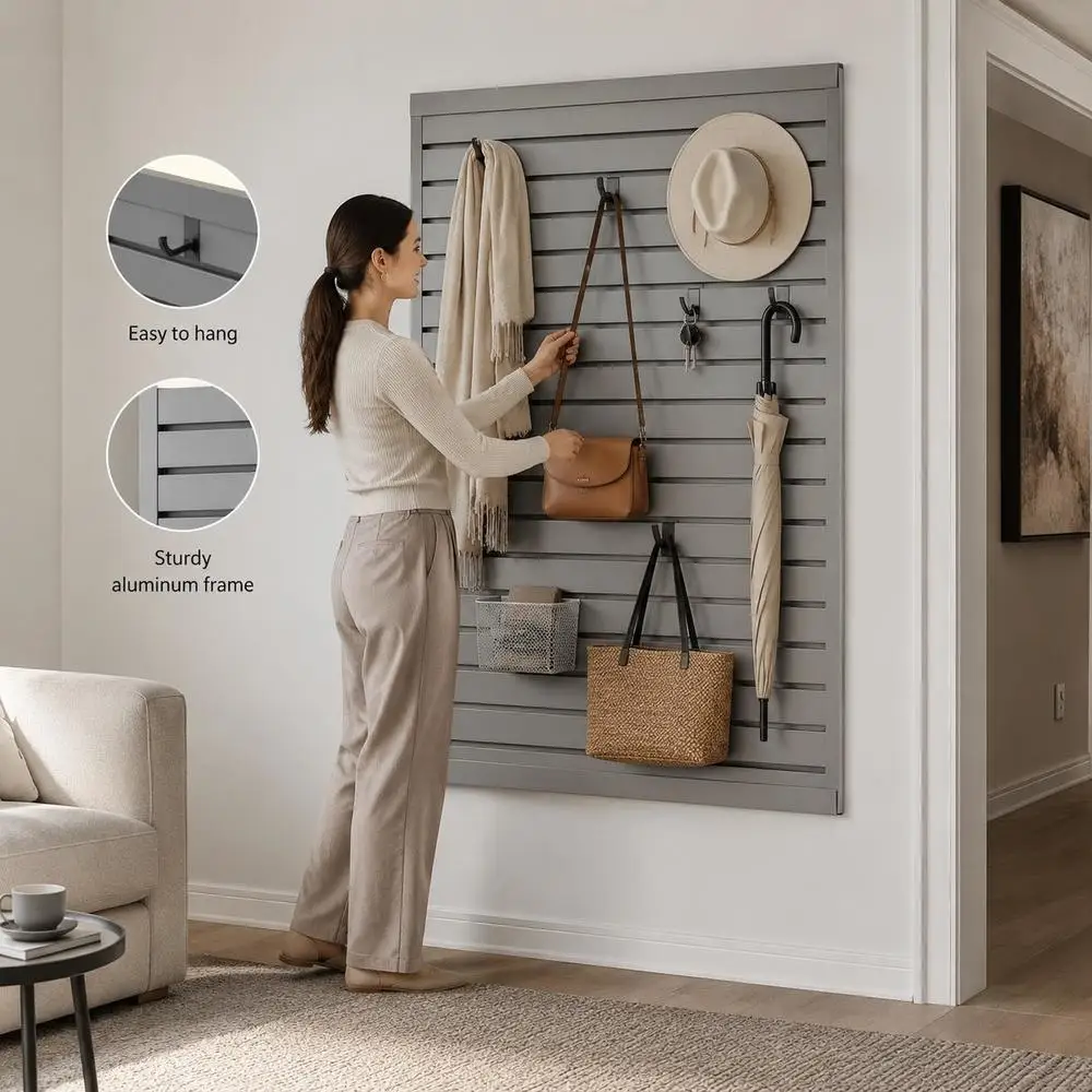 Panneau mural pour outils 1230x1235x20mm, panneau à lattes en PVC pour garage, organisateur mural gris 136 kg par panneau, panneau à lattes avec structure de couplage et découpe personnalisable, adapté au stockage et à la présentation.