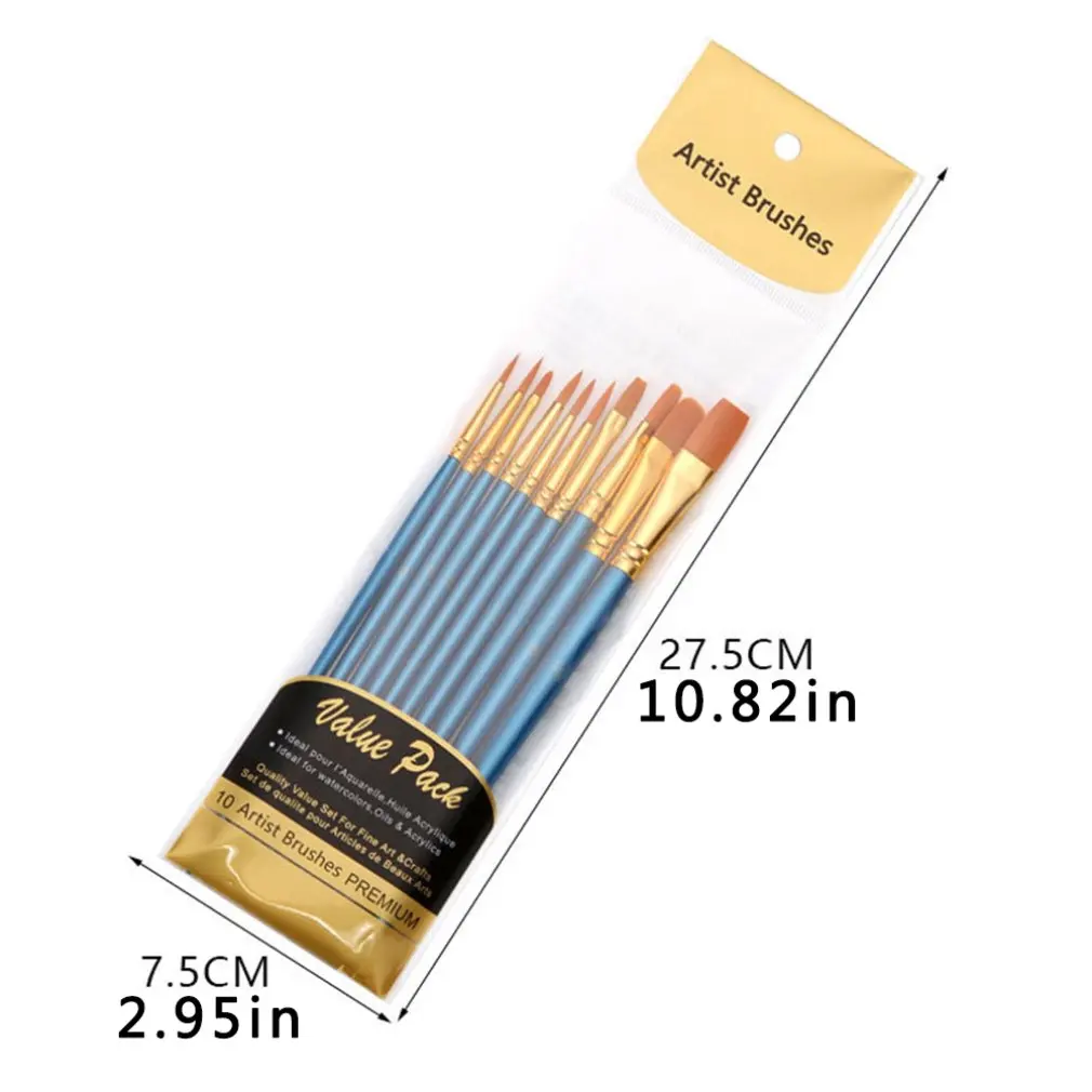 Artist Paint Brush Set 10Pcs High Quality Nylon Hair Wood Black Handle Watercolor Acrylic Oil Brush Painting Art Supplies