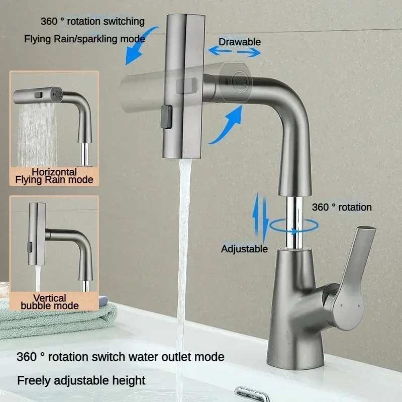 

3 Function Pull Out Lift Basin Faucet 360 Degree Rotatable Pressurized Rainlfall Hot Cold Sink Mixer Taps Bathroom Washbasin Tap