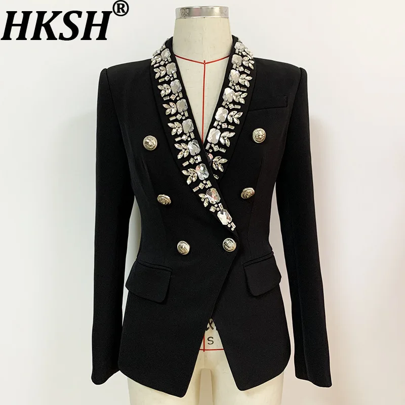 

HKSH Autumn New Women Blazer Heavy Craft Studded Diamonds Double Breasted Slim Fit Elegant Fashion Office Lady Chic Coat HK10555