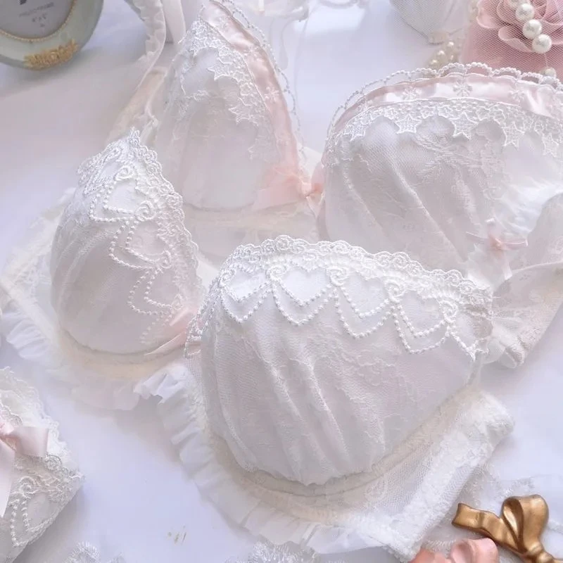 

Summer Fresh Japanese White Water-soluble Embroidery Thin Cup Girl Sweet Cute Gathering Sexy Lingerie Set Large Bra Set