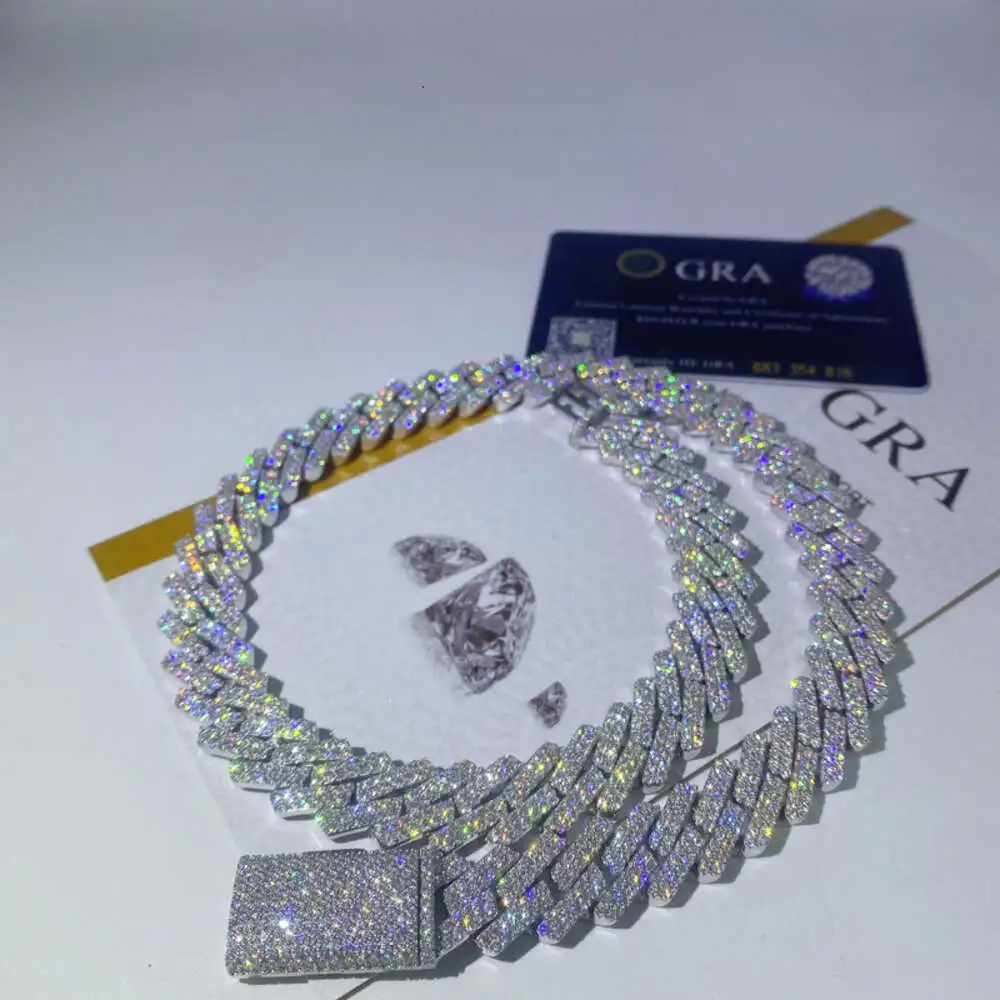 Luxury Pass Test Diamond Sterling Silver 925 Moissanite Cuban 15mm Necklace Men Hiphop Jewelry.