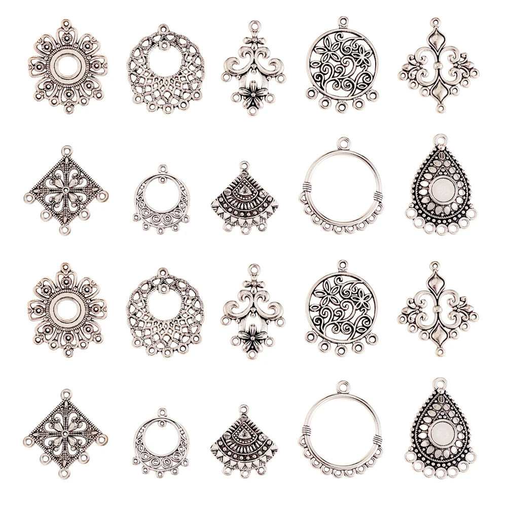 60pcs Mixed Styles Chandelier Charms Vintage Flower Shape Tibetan Connectors Antique Silver Filigree for Jewelry Making Earrings