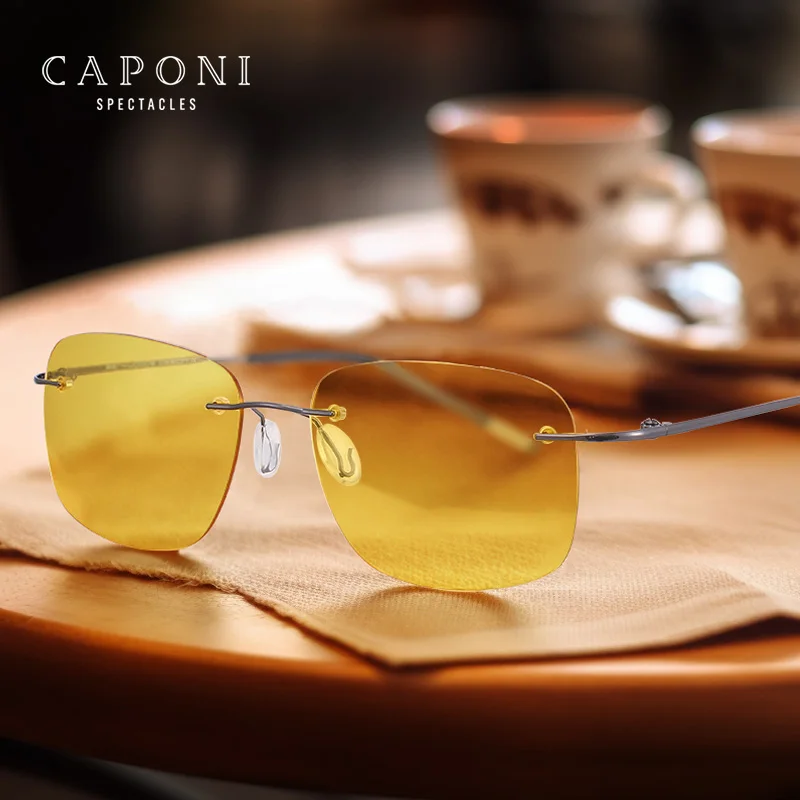 CAPONI Square Men's Sun Glasses Night Vision Photochromic Rimless Sunglasses High Quality Classic Design UV400 Eyewear BSYS7467