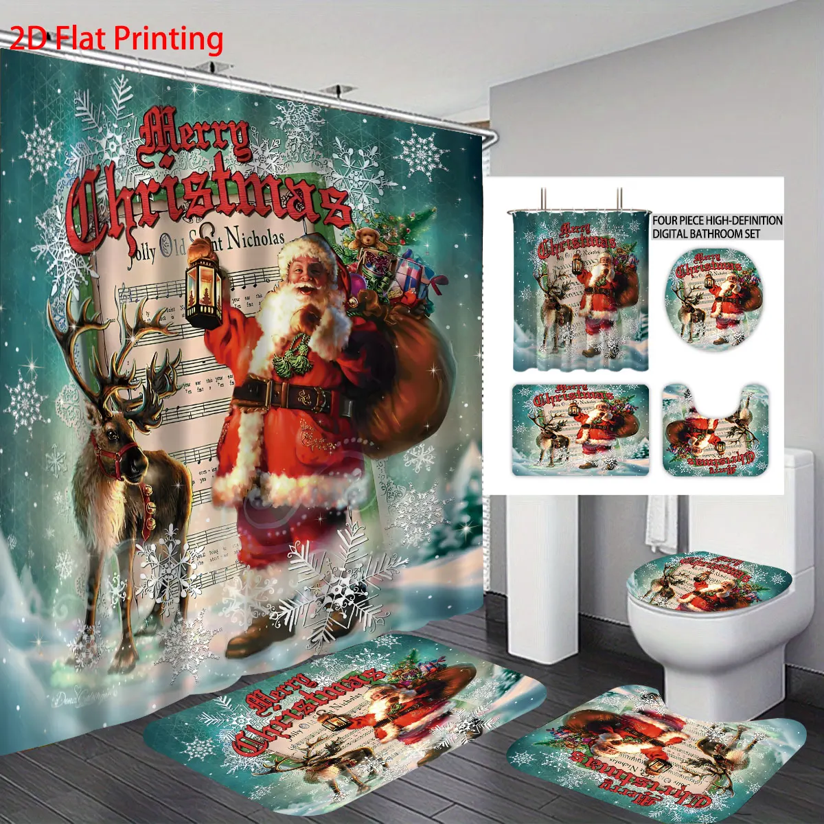 

4pcs Santa Claus Printed Bathroom Set 180x180 Waterproof Shower Curtain with 12 Hooks, Floor Mat, Toilet Mat, U-shaped Mat