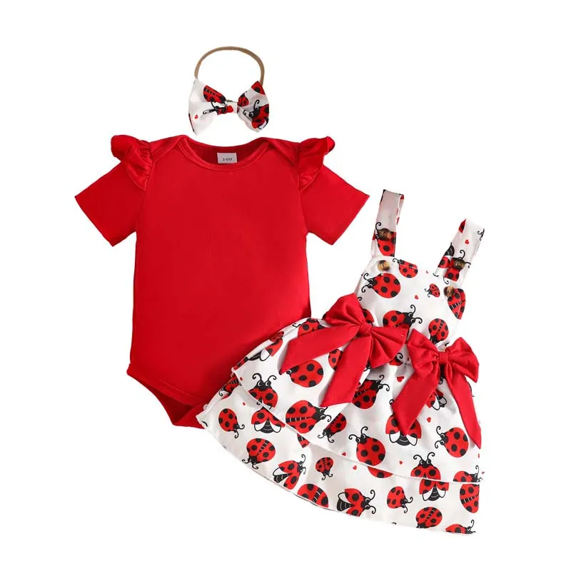 0-18 Months Baby Girl Clothing 3-Piece Outfits Summer Short Sleeve Red Bodysuits+Ladybug Print Dress+Headband Newborn Set