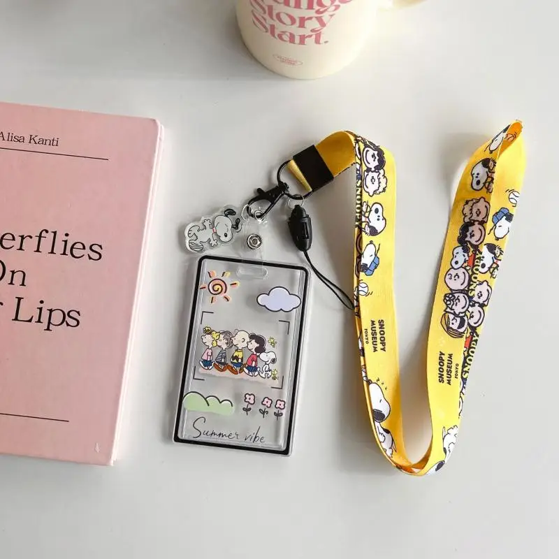 Kawaii Peanuts Snoopy Charlie Brown Id Card Holder Key Chain Transparent Anti Loss Acrylic Card Cover Bag Pendant Gift For Girls