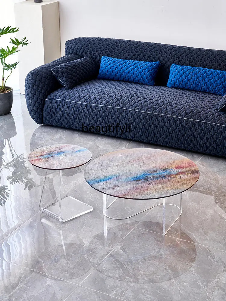 

zq Simple Suspension Small Coffee Table Household Small Apartment Acrylic Tea Table Oval Tempered Glass Tea Table