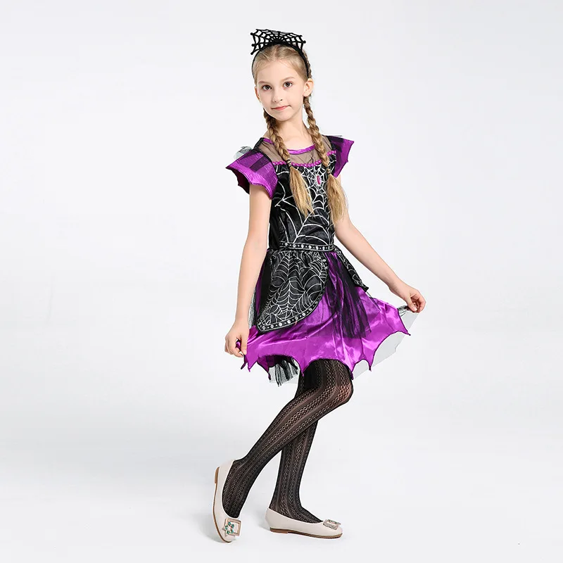Girls Halloween Spider Witch Cosplay Dress Purple Black Sweet Short Sleeve Spider Web Party Dresses view 4