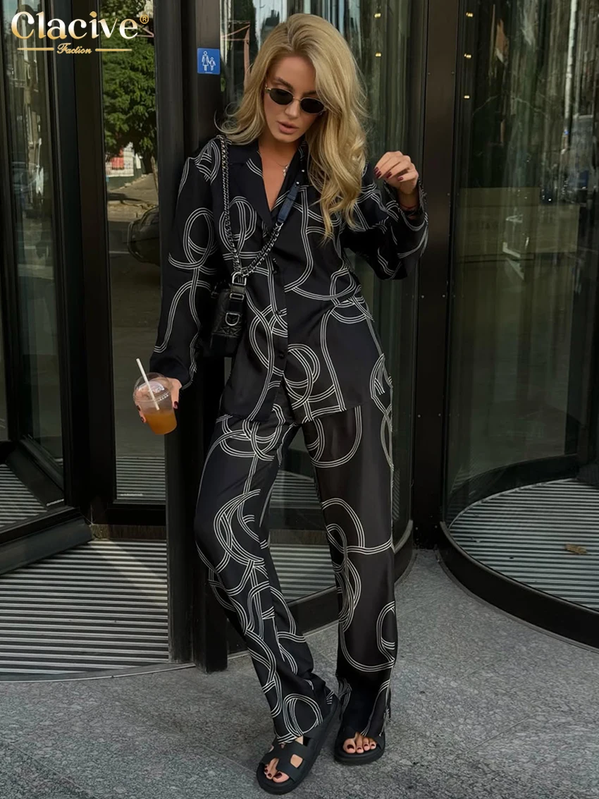 Clacive Fashion Loose Print Two Pieces Outfits Woman Elegant Long Sleeve Shirt With High Waist Wide Pants Set Female Clothing